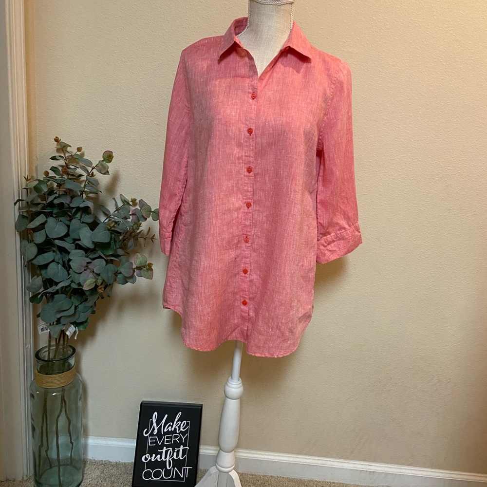 Women’s Chico’s Button-up Blouse Red Size 0 Small 100% Linen 3/4 Sleeves